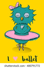 Ballerina kid owl in tutu and ballet shoes. Card with cartoon character of ballerina for ballet class, ballet school, kids ballet 