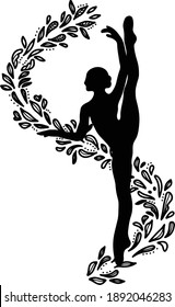 Ballerina leg held high with floral ribbon, logo, vector