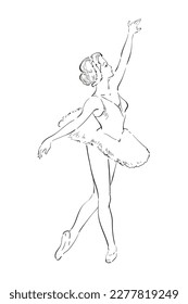 Ballerina, line drawing isolated on white background. Icon. Handwork.