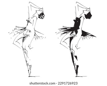 Ballerina line drawing. Sketch of a dancer. Silhouette of a woman. Sports training. Ballroom dancing