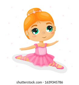 Сute ballerina. Little girl ballet dancer. Funny cartoon character. Vector illustration.