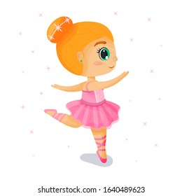 Сute ballerina. Little girl ballet dancer. Funny cartoon character. Vector illustration.