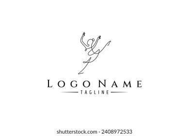 Ballerina logo with jumping style continuous line art vector design