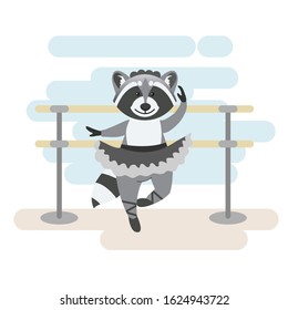Ballerina at the machine. Vector image. Raccoon in a pack. Raccoon ballerina. Dancing in the hall.