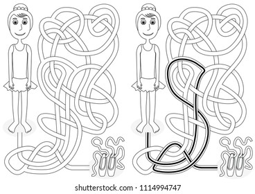 Ballerina maze for kids with a solution in black and white