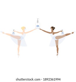 Ballerina in medical mask during corona time with sanitizer disinfection spray, theater performance. Vector isolated painting art. Coronavirus, covid 2019