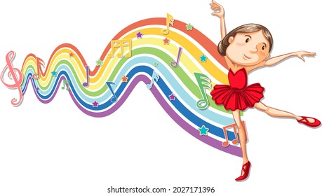 Ballerina with melody symbols on rainbow wave illustration