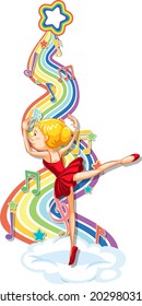 Ballerina with melody symbols on rainbow wave illustration