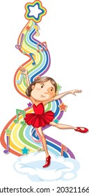 Ballerina with melody symbols on rainbow wave illustration