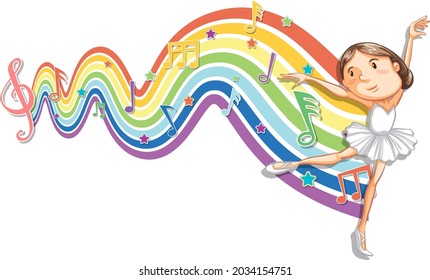 Ballerina with melody symbols on rainbow wave illustration