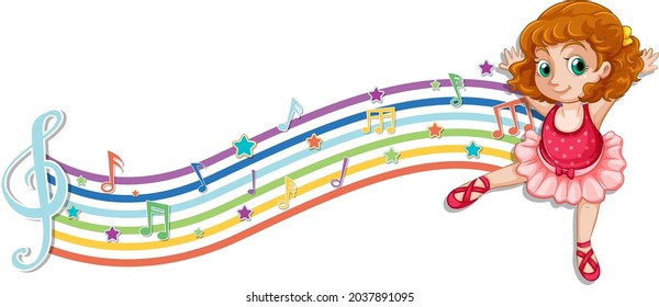 Ballerina with melody symbols on rainbow wave illustration