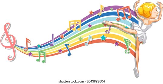 Ballerina with melody symbols on rainbow wave illustration