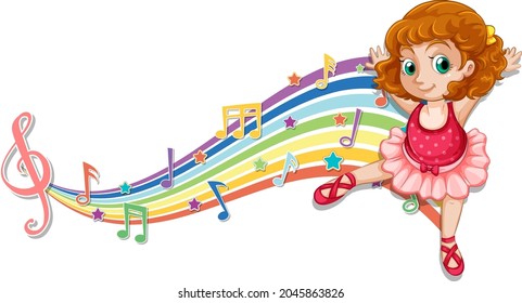 Ballerina with melody symbols on rainbow wave illustration