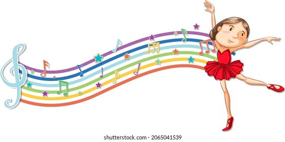 Ballerina with melody symbols on rainbow wave illustration