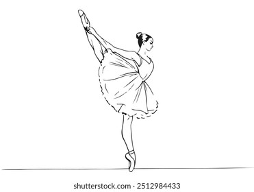 Ballerina Minimalist Line Art Drawing. Woman Dance Contour Black Sketch Illustration. Ballet Modern Minimalist Outline Drawing. Woman Ballerina Linear Vector Illustration