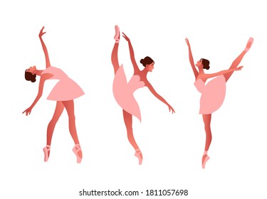 Ballerina and modern dancer flat vector set illustration. Beauty of classic ballet. Young graceful woman ballet dancer wearing tutu. Pointe shoes, pastel colours