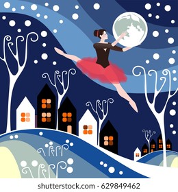 Ballerina with moon in hands on winter night town background. Vector design.