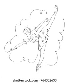 Ballerina in motion in beautiful dress with snowflakes