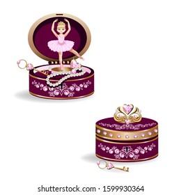 Ballerina In A Music Box With Jewelry. Vector Illustration On A White Background.