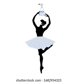 Ballerina on the scene with sanitizer disinfection spray, theater performance. Vector isolated painting art