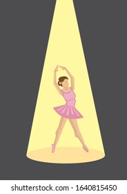 Ballerina on show. Young graceful woman ballet dancer, dressed in pink dress outfit, demonstrating dancing skill. Beauty of classic ballet. Vector illustration.