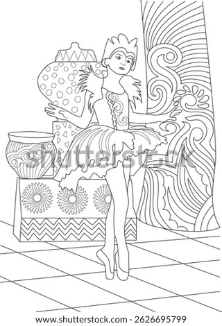 Ballerina on Stage Line Art, Black and white line art illustration featuring a ballerina performing on stage with decorative elements in the background, suitable for a coloring page or outline