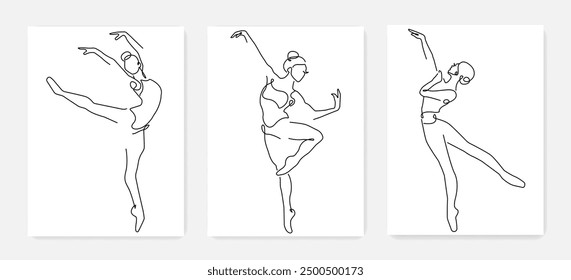 Ballerina One Line Drawing Prints Set. Ballet Concept Minimalist Drawing. Woman Ballerina Line Art Modern Minimal Drawing Trendy Illustration Continuous Line Art. Dance Minimal Logo. Vector EPS 10