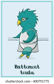 Ballerina owl  or parrot in ballet skirt and ballet shoes do exercise battement tendu. Card with cartoon character of ballerina for ballet class, ballet school, kids ballet . Cartoon character.