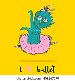 Ballerina owl in tutu and ballet shoes. Card with cartoon character of ballerina for ballet class, ballet school, kids ballet 