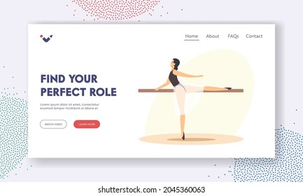 Ballerina Page Template. Girl Training in Ballet Dance Studio Perform Basic Arms and Legs Moves on One Dancer Example. Female Character in Classroom with Parallel Bar. Cartoon Vector Illustration