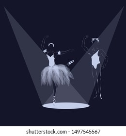 Ballerina with a partner dances in the light of spotlights. Vector.