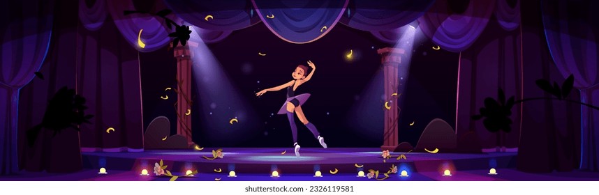 Ballerina actuando en el escenario del teatro. Dibujo vectorial de una chica delgada bailando ballet en una escena oscura iluminada por focos, flores y confiti dorado volando en el aire después del estreno