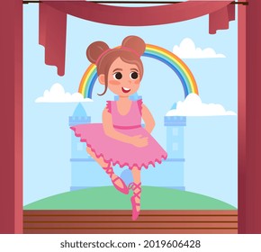 Ballerina performs on stage. Beautiful little girl in pink dress and pointe shoes turns pirouettes. Gentle, elegant dance, hobby and activity for child. Cartoon colorful flat vector illustration