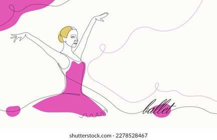 Ballerina in pink ballet tutu isolated on white background. Dancer in beautiful pose. Ballet. One continuous line art drawing background, banner, poster.