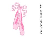 Ballerina pointe shoes with bow. Female pink ballet slippers for classic elegant dance. Vector Illustration