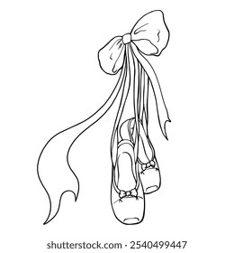 Ballerina pointe shoes with bow and ribbons. Vector illustration of shoes for classical graceful classic dance. Girly accessory. Shoes hanging on ribbons. Badge for dance school or coloring book.