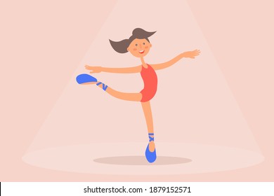Ballerina in pointe shoes. Dancing girl in leotards on stage under a spotlight