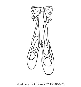 Ballerina pointe shoes hanging on bow. Outline black and white vector illustration isolated on white