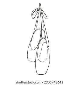 Ballerina pointe shoes hanging bow  One continuous line drawing ballet pointes  Outline black   white vector illustration isolated white  Pointe shoes and ribbon   bow 