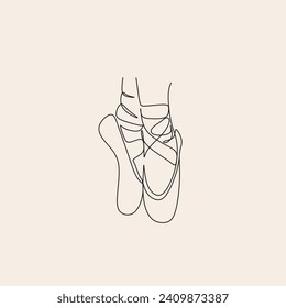 Ballerina Pointe Shoes: Line Art Black and White Vector Illustration, Isolated on White Background.