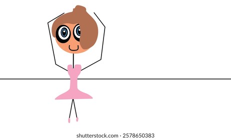 Ballerina in pointe shoes and pink tutu dress standing in third position front view children's drawing full length vector illustration on white background