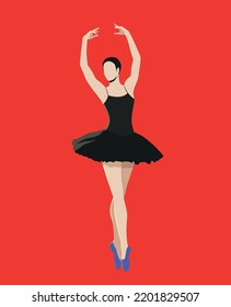 A ballerina in pointe shoes and a tutu is dancing. Modern trendy poster design for events, concerts. Silhouette of a dancer on a red background. Ballet, modern dance. Vector illustration in flat style