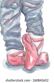 Ballerina in pointe and spats in training. Watercolor vector illustration