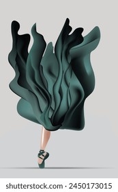 A ballerina poses on one foot hidden by upward flowing green fabric.