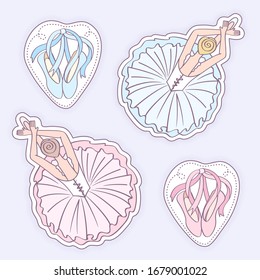 Ballerina in “dying swan” position. Top view illustration. Pair of pointe shoes with ribbons in the shape of heart. Dance stickers set in retro style