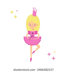 Ballerina princess in pink dress with blond hair and crown. Flat vector illustration.