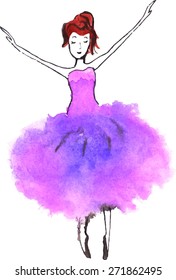 Ballerina in purple dress, hand painted watercolor illustration. Little dancing girl in motion. Element for design. Vector format.