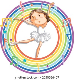 Ballerina in rainbow round frame with melody symbols illustration