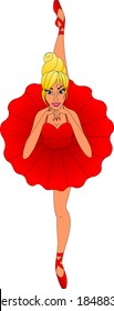 ballerina in red clothes and pointe shoes stands on one leg