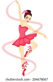 Ballerina in red dancing with a ribbon.